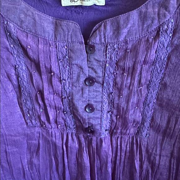 Purple Sheer Crinkle Button-Front Women's Fairy-core Boho Shimmer Sheer Blouse - Picture 4 of 5